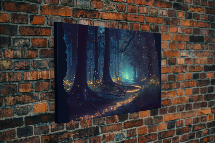 Fireflies light up a mystical fantasy forest at night, framed canvas art, framed print