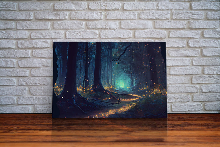 Fireflies light up a mystical fantasy forest at night, framed canvas art, framed print