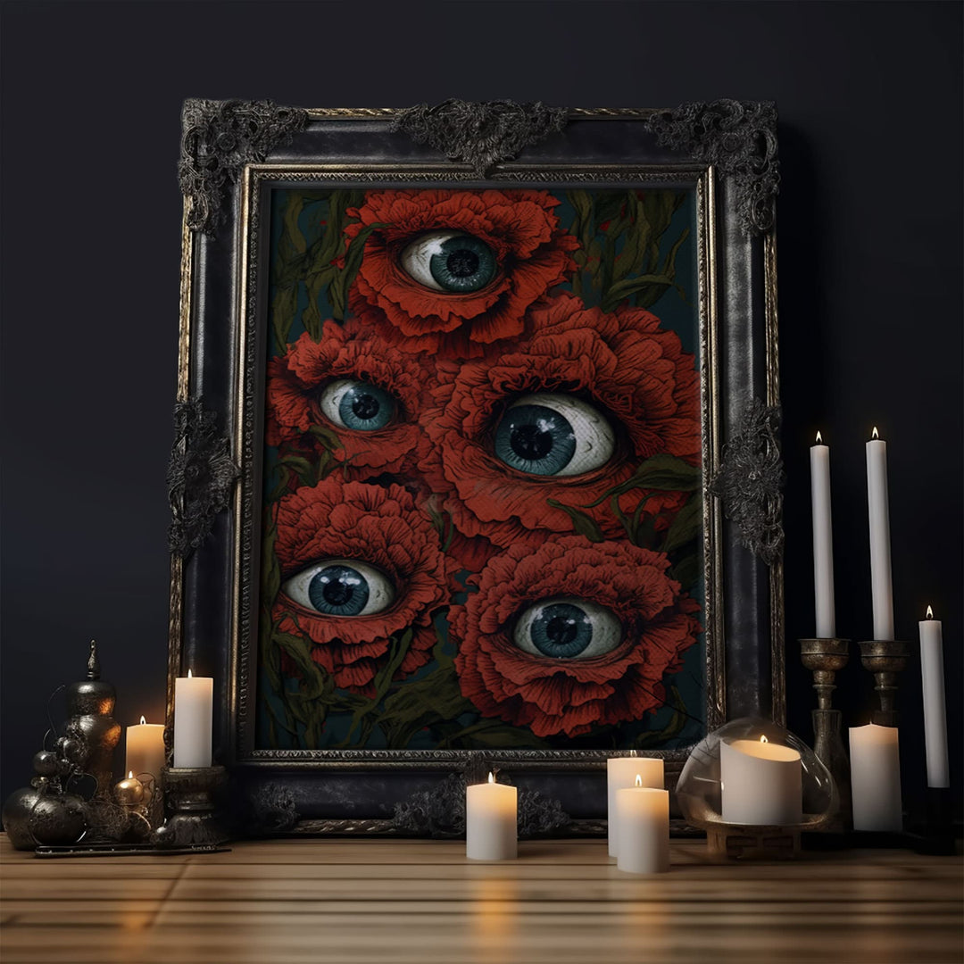 The All Seeing Flowers, Fantasy Dark Cottagecore, Creepy Bouquet, Gothic Art, Creepy Cottage Core, Unique Halloween Art, Forest Decor