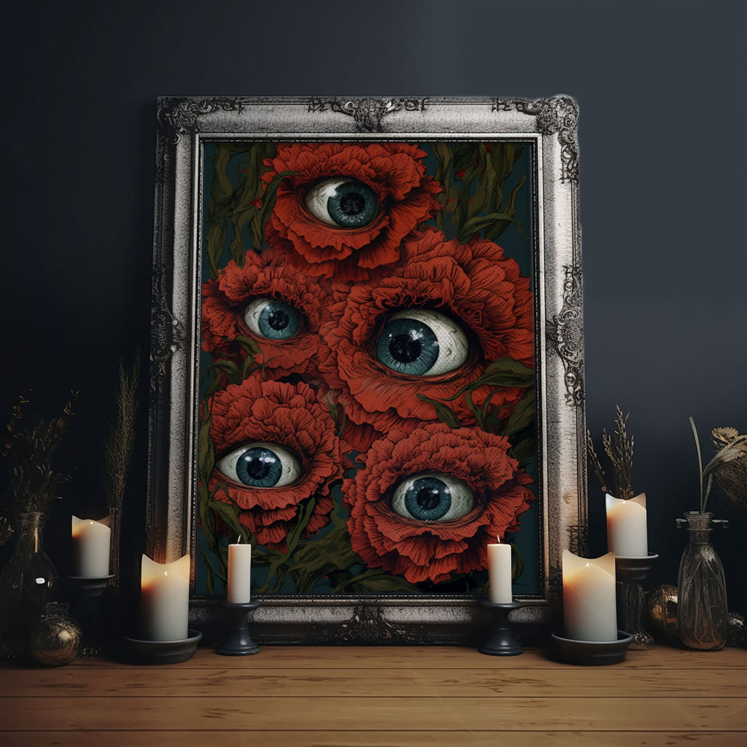 The All Seeing Flowers, Fantasy Dark Cottagecore, Creepy Bouquet, Gothic Art, Creepy Cottage Core, Unique Halloween Art, Forest Decor