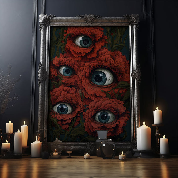 The All Seeing Flowers, Fantasy Dark Cottagecore, Creepy Bouquet, Gothic Art, Creepy Cottage Core, Unique Halloween Art, Forest Decor