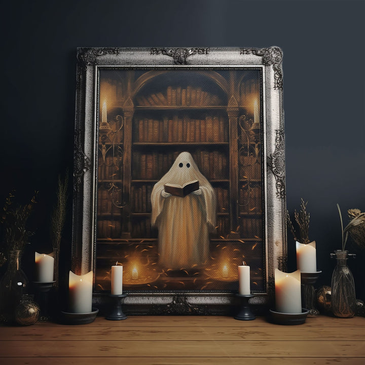 Spooky Ghost Reading A Book, Library Ghost, 8x10 Fine Art Prints, Framed Canvas, Fall Artwork, Cute Halloween Decor