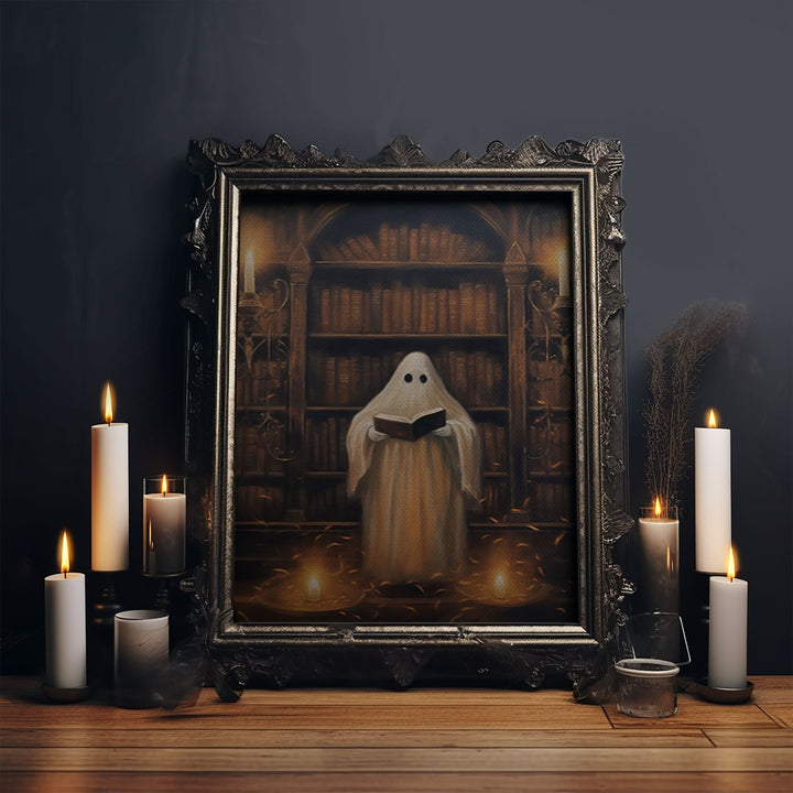 Spooky Ghost Reading A Book, Library Ghost, 8x10 Fine Art Prints, Framed Canvas, Fall Artwork, Cute Halloween Decor