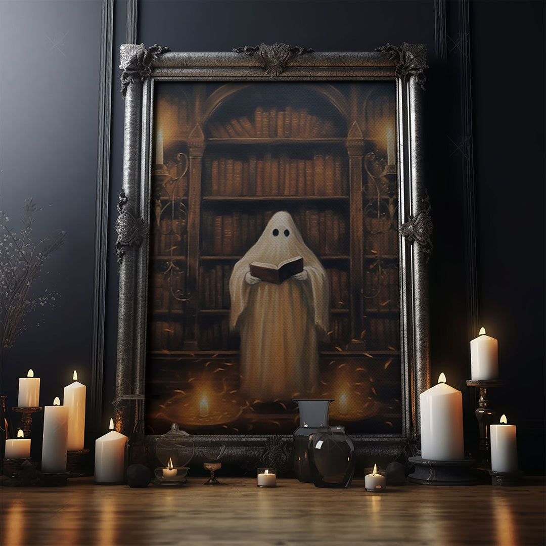 Spooky Ghost Reading A Book, Library Ghost, 8x10 Fine Art Prints, Framed Canvas, Fall Artwork, Cute Halloween Decor