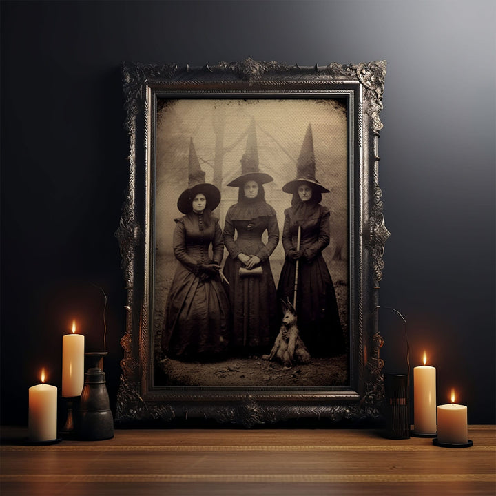 Spooky Witches Art Print, Antique Style Sepia Tone Tintype Photograph Print, Canvas Print, Vintage Halloween Decor, Gothic Witch Wall Art
