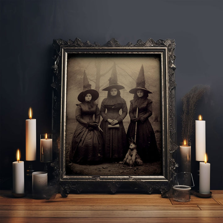 Spooky Witches Art Print, Antique Style Sepia Tone Tintype Photograph Print, Canvas Print, Vintage Halloween Decor, Gothic Witch Wall Art