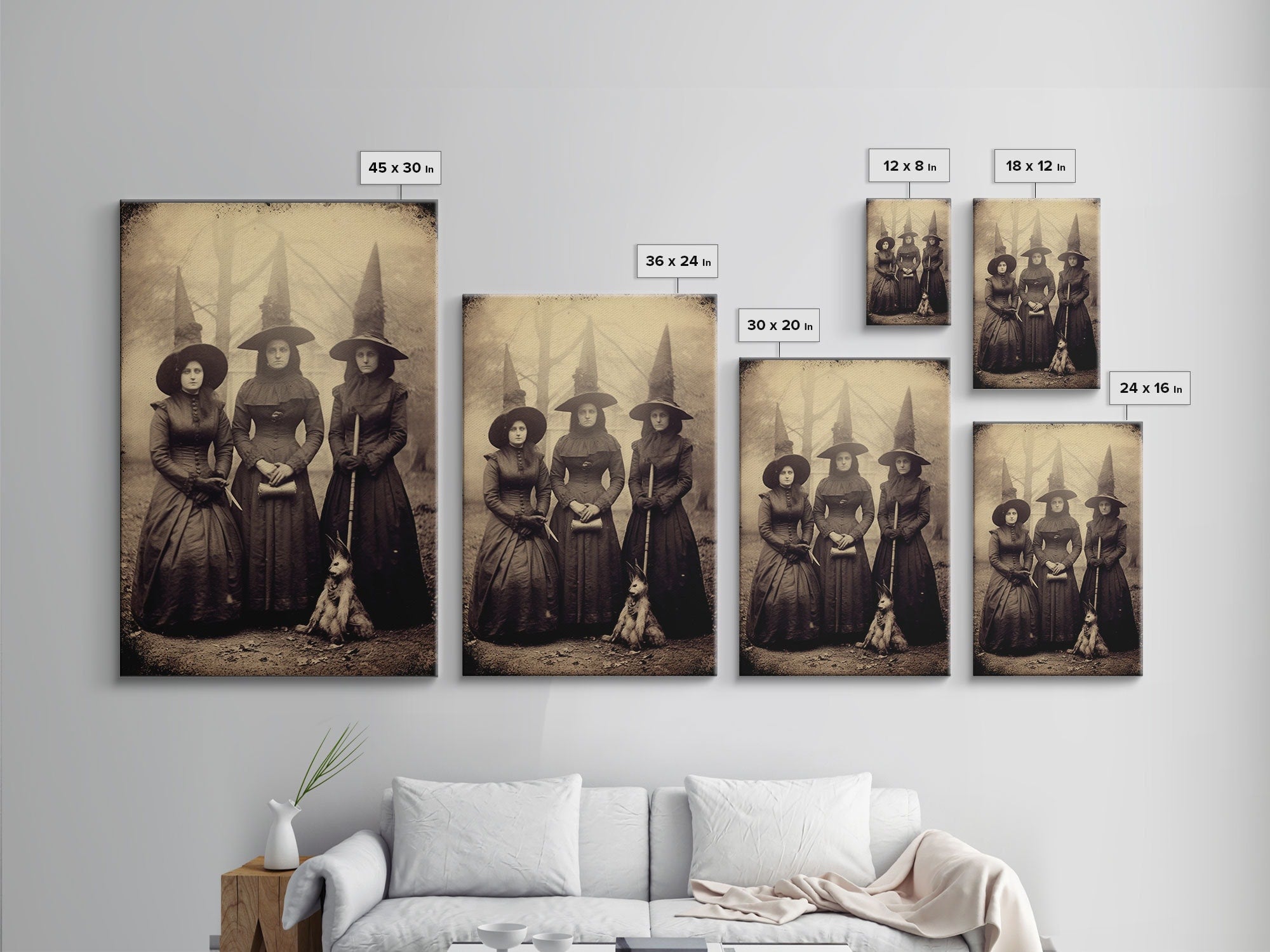 Spooky Witches Art Print, Antique Style Sepia Tone Tintype Photograph Print, Canvas Print, Vintage Halloween Decor, Gothic Witch Wall Art