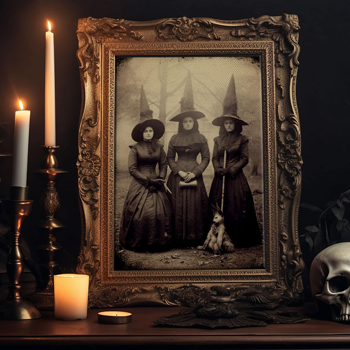Spooky Witches Art Print, Antique Style Sepia Tone Tintype Photograph Print, Canvas Print, Vintage Halloween Decor, Gothic Witch Wall Art