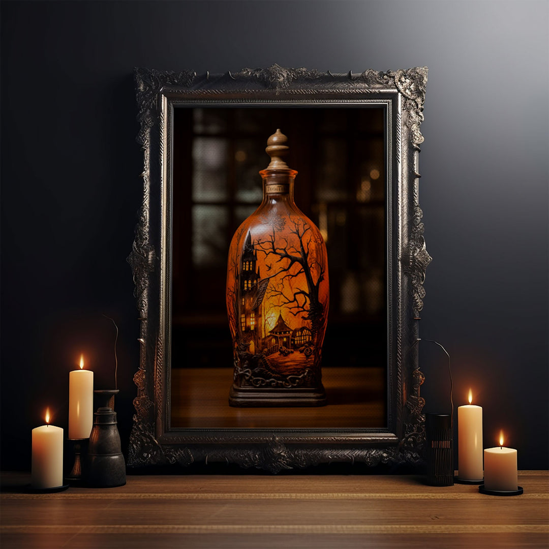 Spooky Jar - Haunted House In A Jar - Mini Worlds - Creepy Halloween Art - Framed Canvas Print