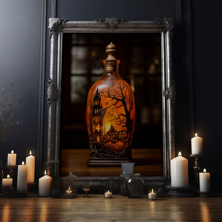 Spooky Jar - Haunted House In A Jar - Mini Worlds - Creepy Halloween Art - Framed Canvas Print