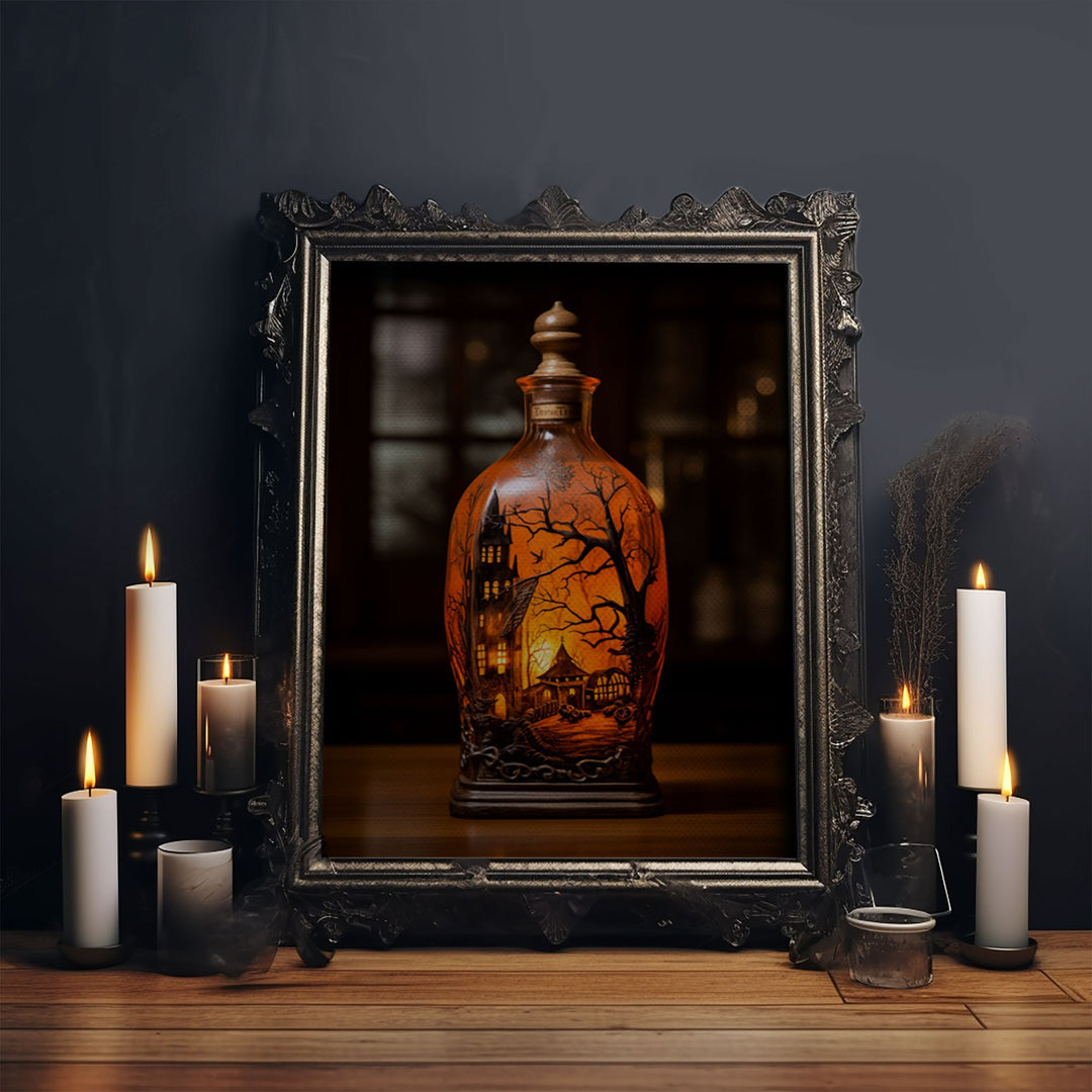 Spooky Jar - Haunted House In A Jar - Mini Worlds - Creepy Halloween Art - Framed Canvas Print