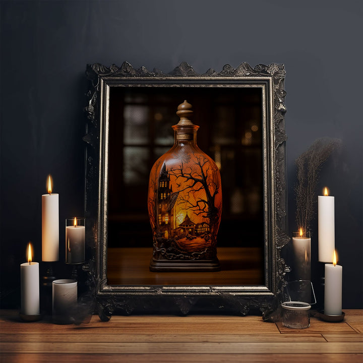 Spooky Jar - Haunted House In A Jar - Mini Worlds - Creepy Halloween Art - Framed Canvas Print
