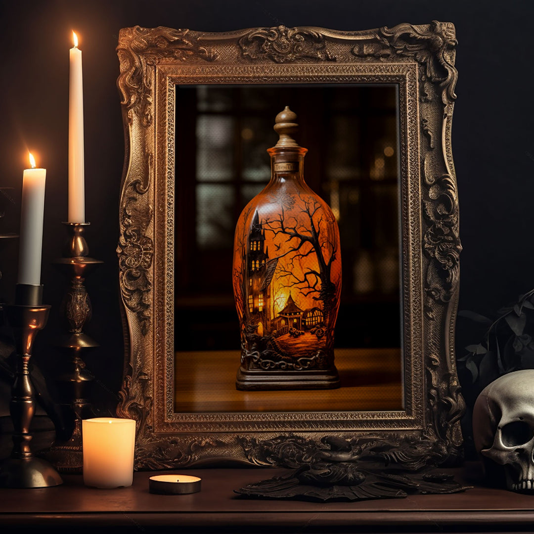 Spooky Jar - Haunted House In A Jar - Mini Worlds - Creepy Halloween Art - Framed Canvas Print