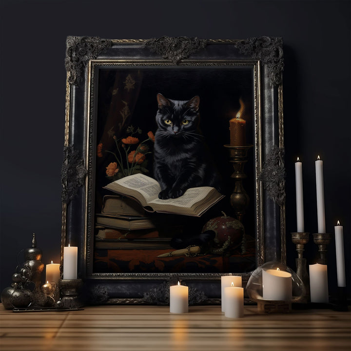 Spooky Black Cat Witch Familiar Print, Vintage Canvas, Art Canvas Print, Dark Academia, Gothic Victorian, Black Cat Art, Witchy Decor