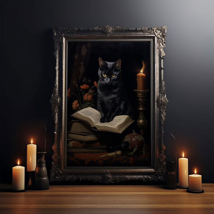 Spooky Black Cat Witch Familiar Print, Vintage Canvas, Art Canvas Print, Dark Academia, Gothic Victorian, Black Cat Art, Witchy Decor