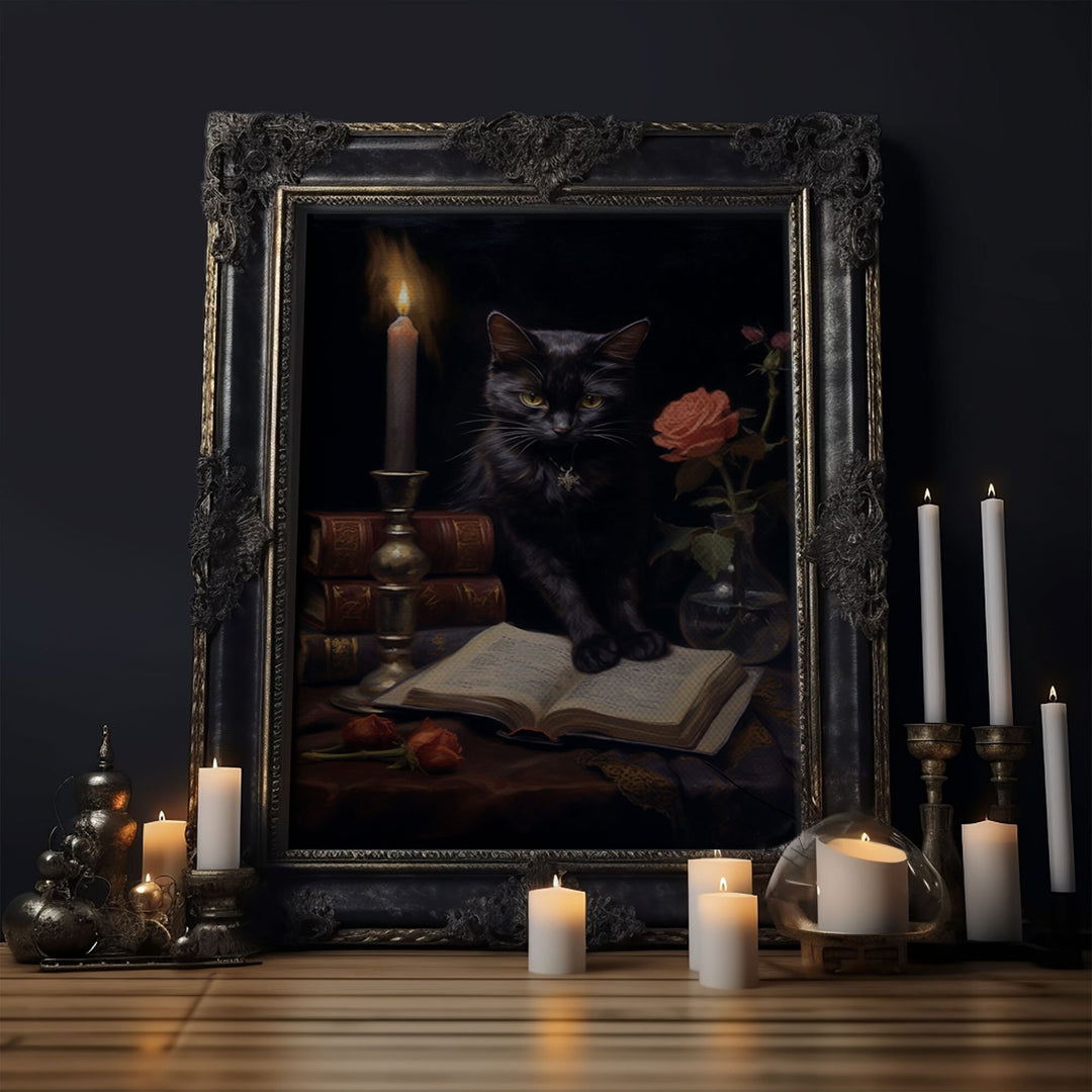 Spooky Black Cat Witch Familiar Print, Vintage Canvas, Art Canvas Print, Dark Academia, Gothic Victorian, Black Cat Art, Witchy Decor