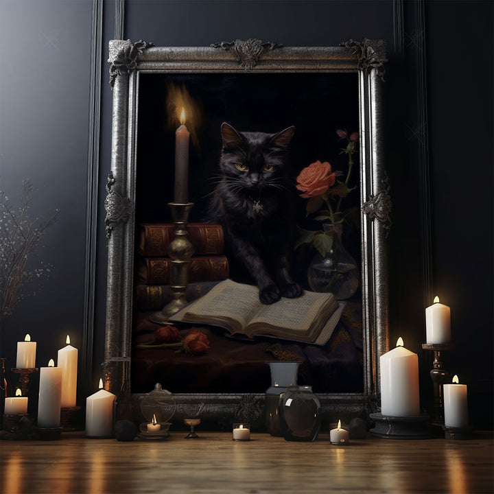 Spooky Black Cat Witch Familiar Print, Vintage Canvas, Art Canvas Print, Dark Academia, Gothic Victorian, Black Cat Art, Witchy Decor