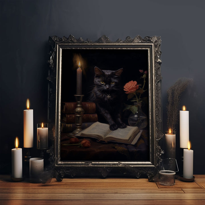 Spooky Black Cat Witch Familiar Print, Vintage Canvas, Art Canvas Print, Dark Academia, Gothic Victorian, Black Cat Art, Witchy Decor
