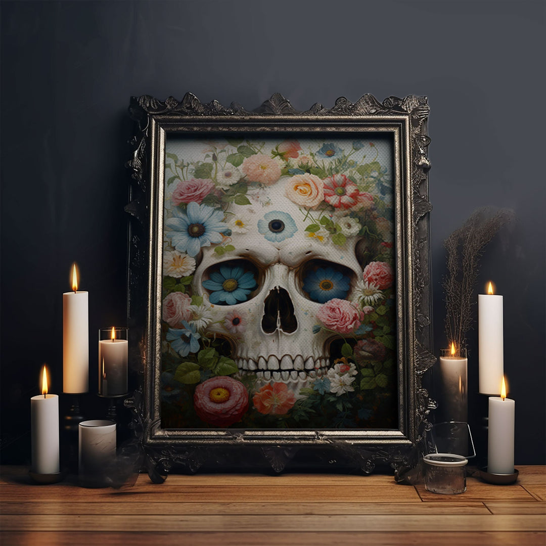 Floral Sugar Skull Print, Framed Canvas Print, Macabre Halloween Art, Vintage Halloween Decor, White Skill Painting