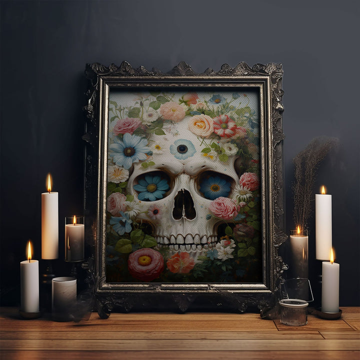 Floral Sugar Skull Print, Framed Canvas Print, Macabre Halloween Art, Vintage Halloween Decor, White Skill Painting