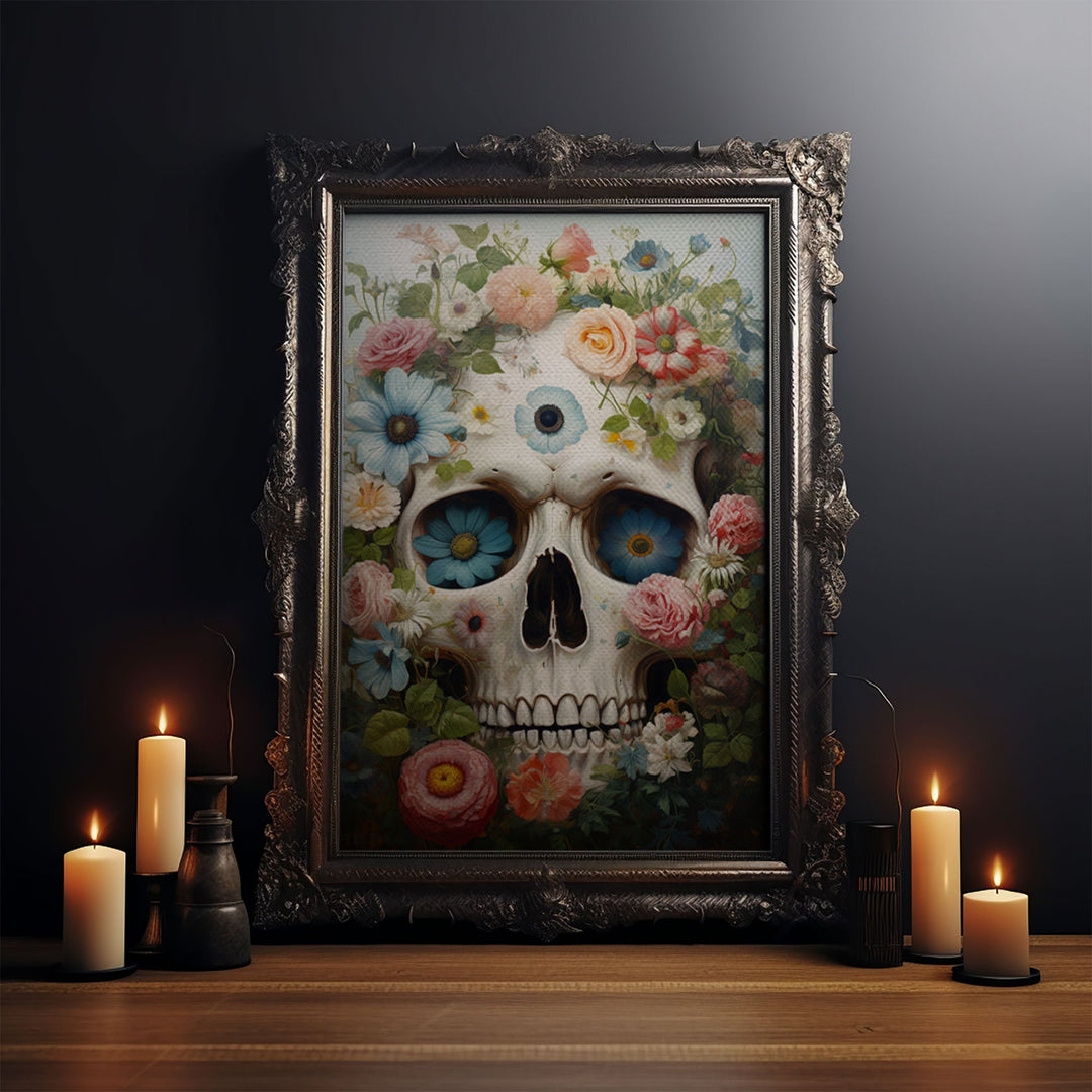 Floral Sugar Skull Print, Framed Canvas Print, Macabre Halloween Art, Vintage Halloween Decor, White Skill Painting
