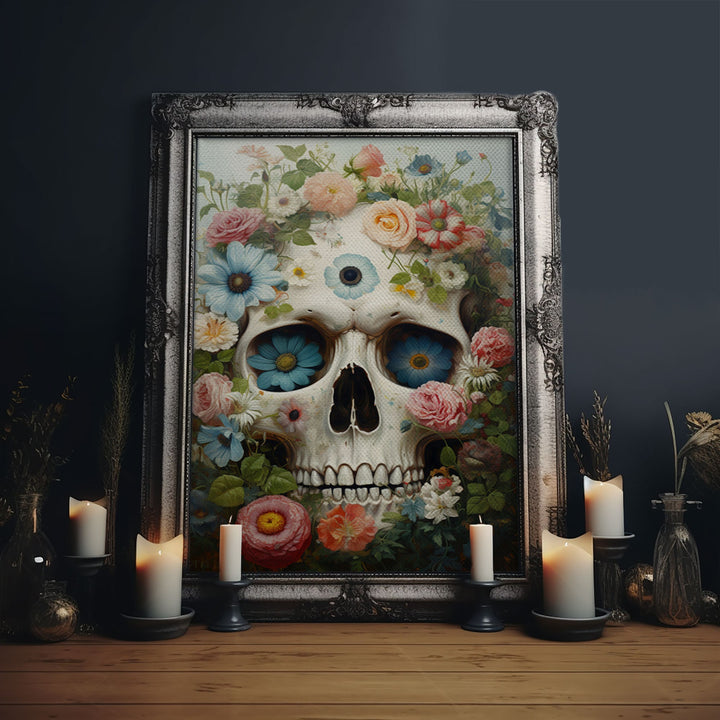 Floral Sugar Skull Print, Framed Canvas Print, Macabre Halloween Art, Vintage Halloween Decor, White Skill Painting