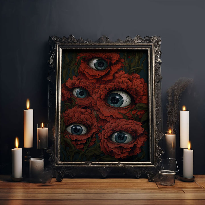 The All Seeing Flowers, Fantasy Dark Cottagecore, Creepy Bouquet, Gothic Art, Creepy Cottage Core, Unique Halloween Art, Forest Decor