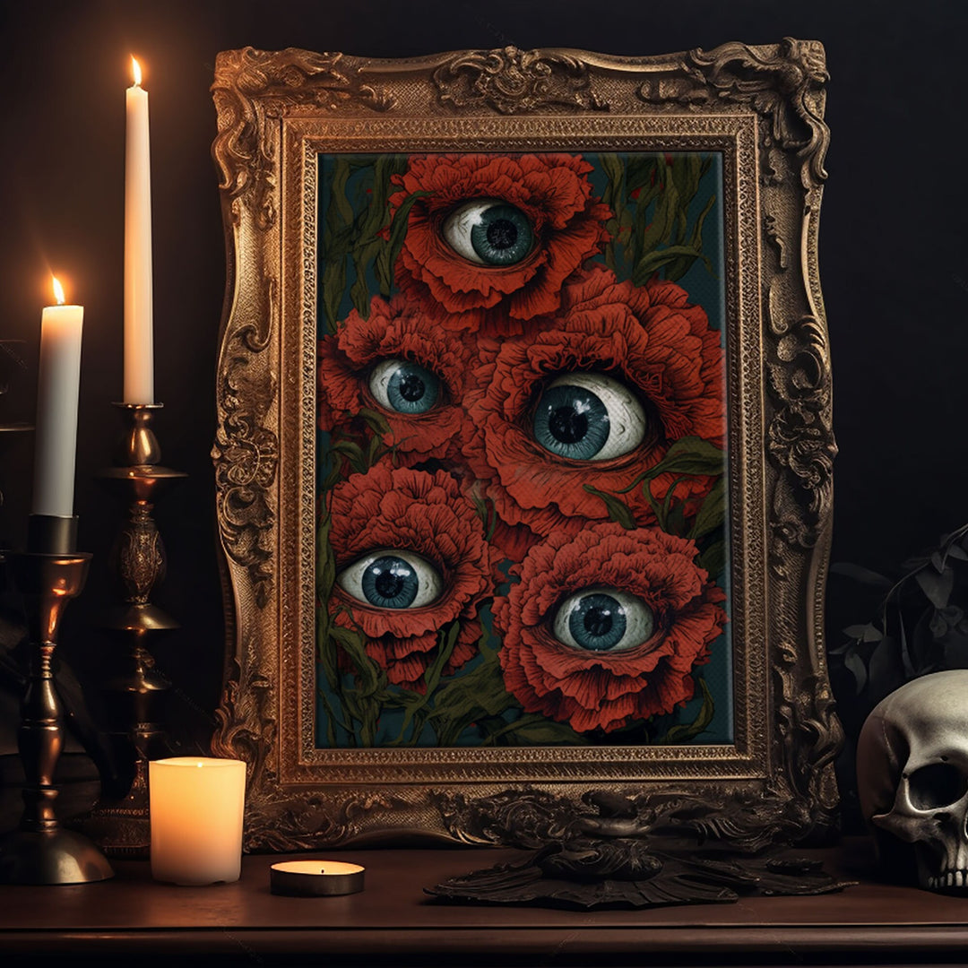 The All Seeing Flowers, Fantasy Dark Cottagecore, Creepy Bouquet, Gothic Art, Creepy Cottage Core, Unique Halloween Art, Forest Decor