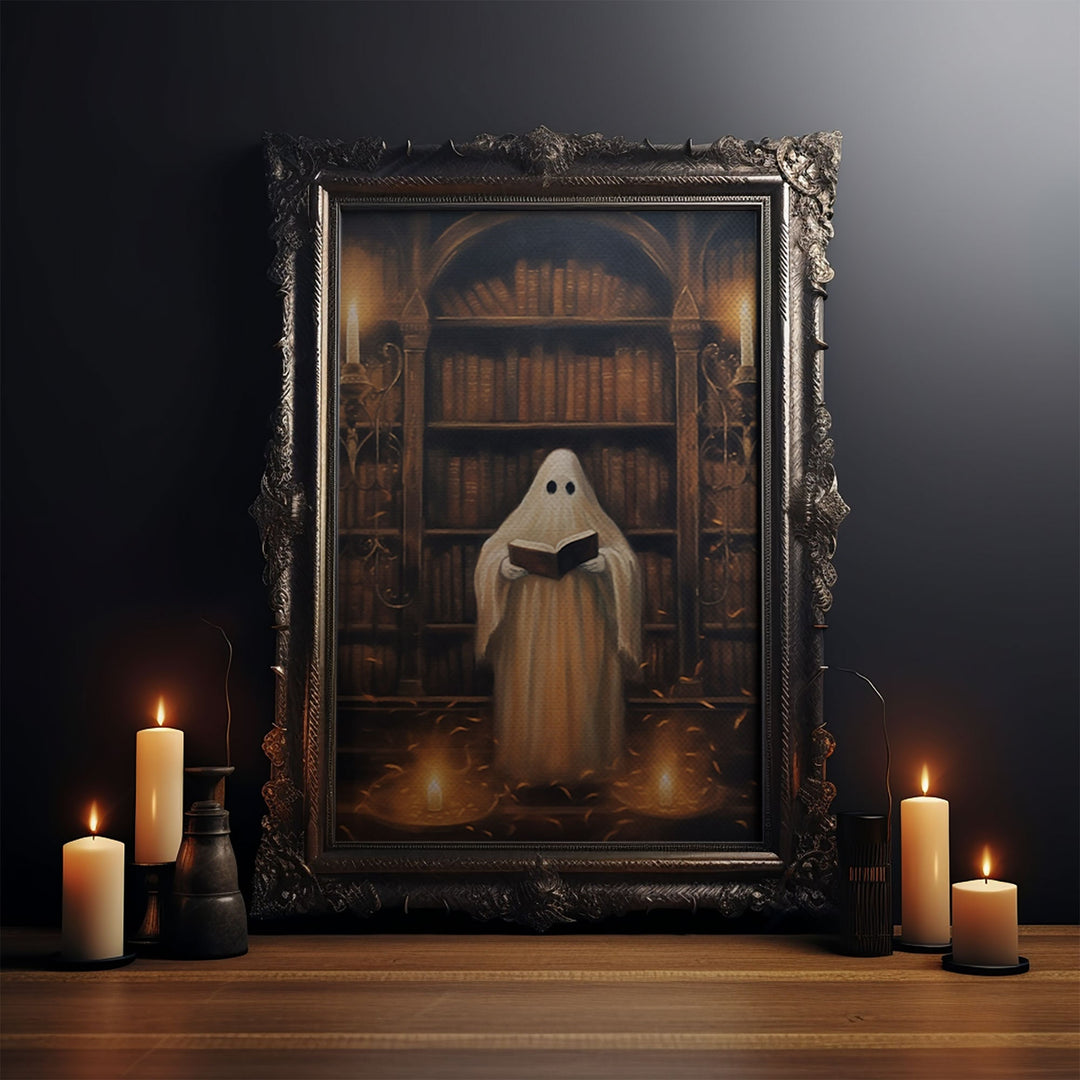 Spooky Ghost Reading A Book, Library Ghost, 8x10 Fine Art Prints, Framed Canvas, Fall Artwork, Cute Halloween Decor