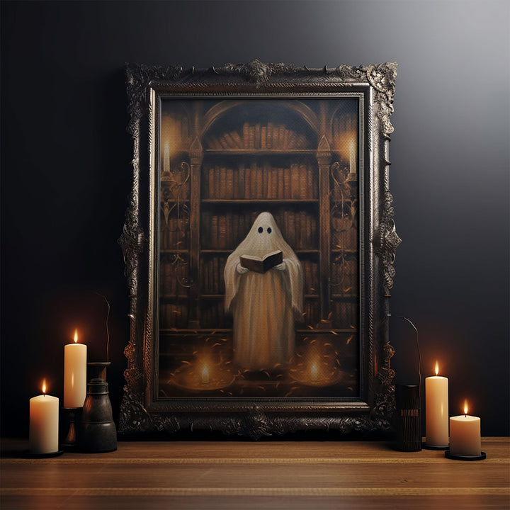 Spooky Ghost Reading A Book, Library Ghost, 8x10 Fine Art Prints, Framed Canvas, Fall Artwork, Cute Halloween Decor