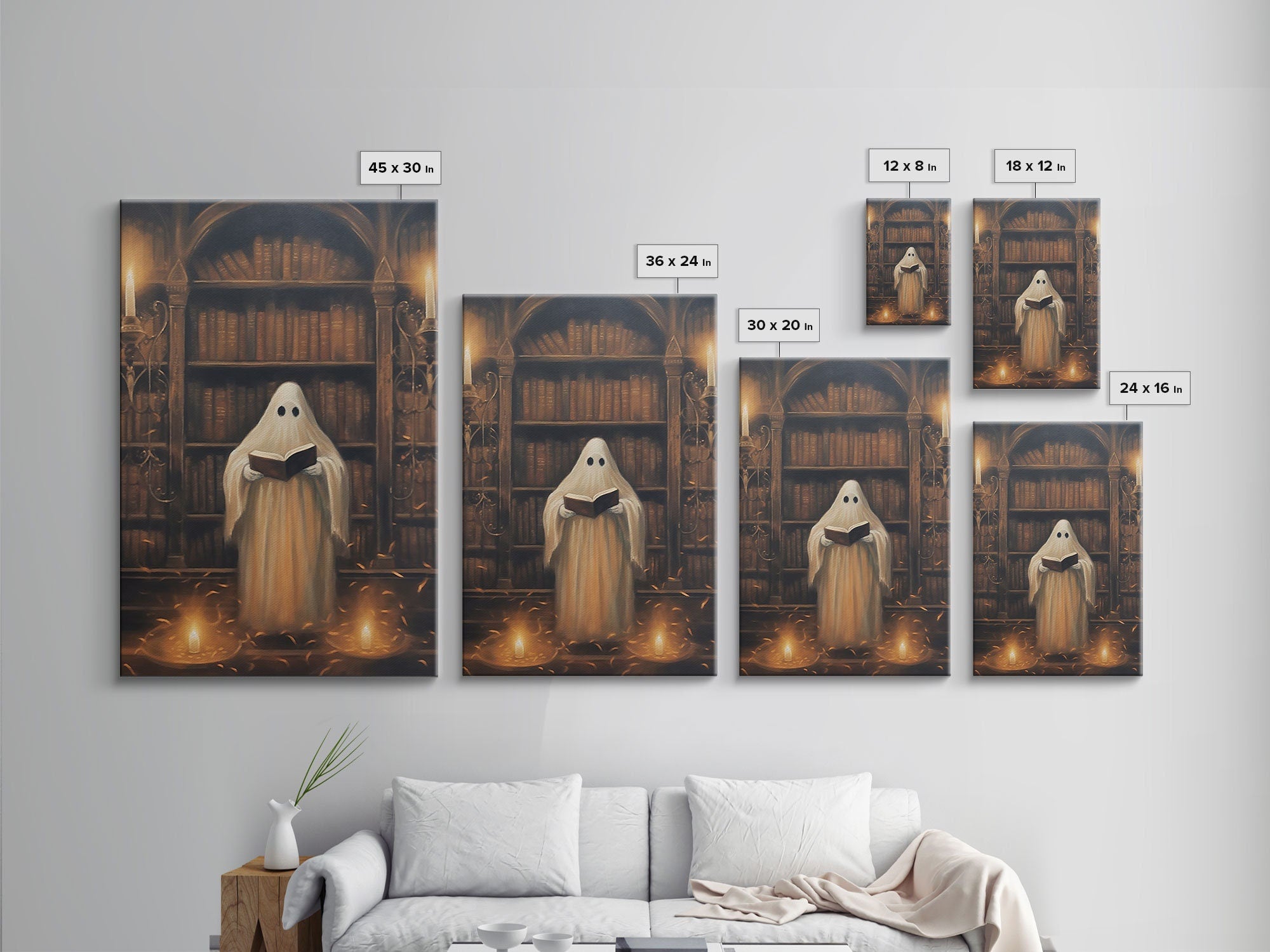 Spooky Ghost Reading A Book, Library Ghost, 8x10 Fine Art Prints, Framed Canvas, Fall Artwork, Cute Halloween Decor