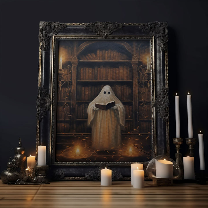 Spooky Ghost Reading A Book, Library Ghost, 8x10 Fine Art Prints, Framed Canvas, Fall Artwork, Cute Halloween Decor