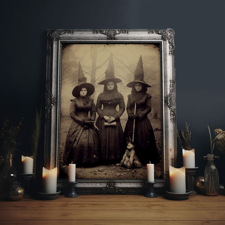 Spooky Witches Art Print, Antique Style Sepia Tone Tintype Photograph Print, Canvas Print, Vintage Halloween Decor, Gothic Witch Wall Art
