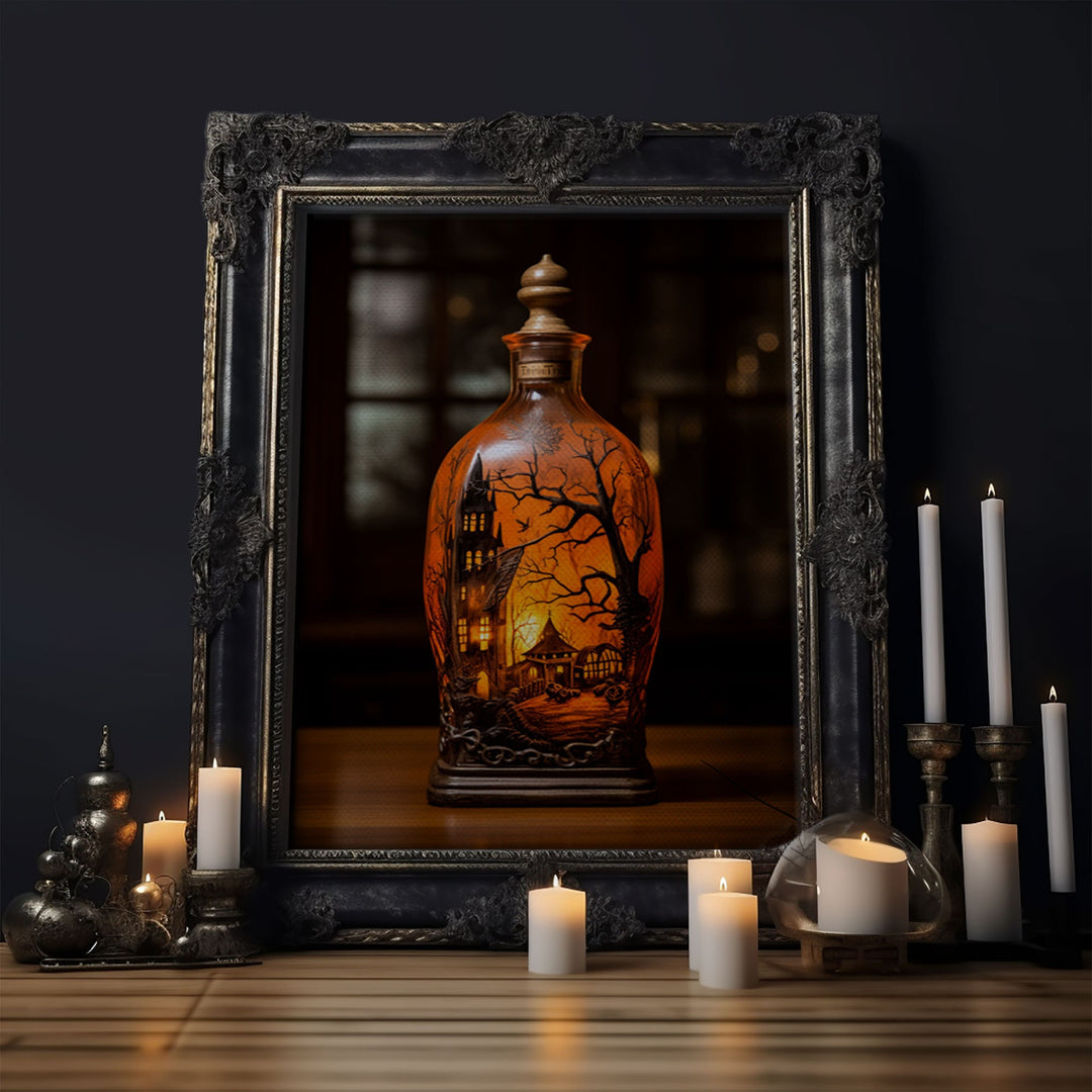 Spooky Jar - Haunted House In A Jar - Mini Worlds - Creepy Halloween Art - Framed Canvas Print