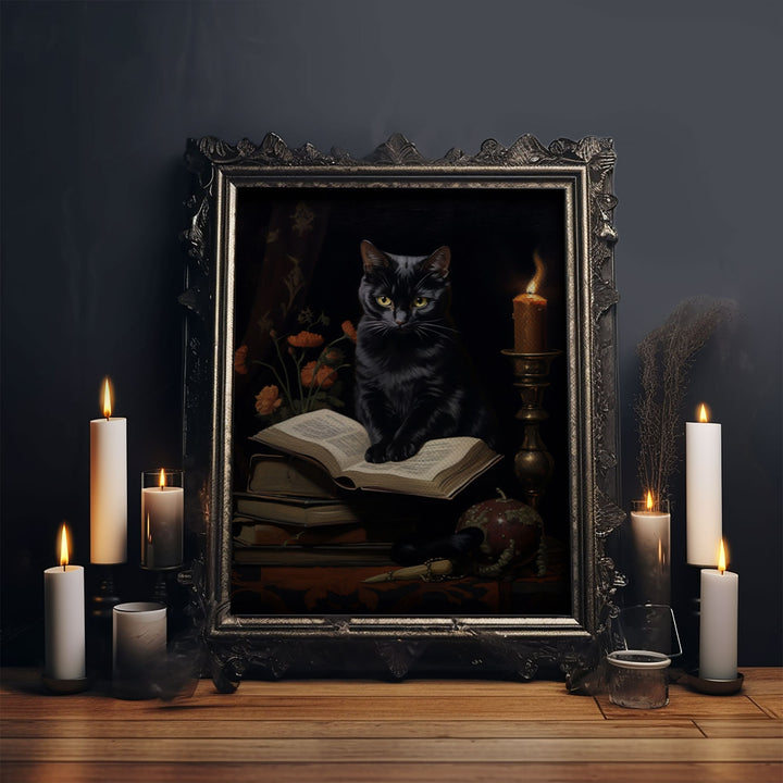 Spooky Black Cat Witch Familiar Print, Vintage Canvas, Art Canvas Print, Dark Academia, Gothic Victorian, Black Cat Art, Witchy Decor