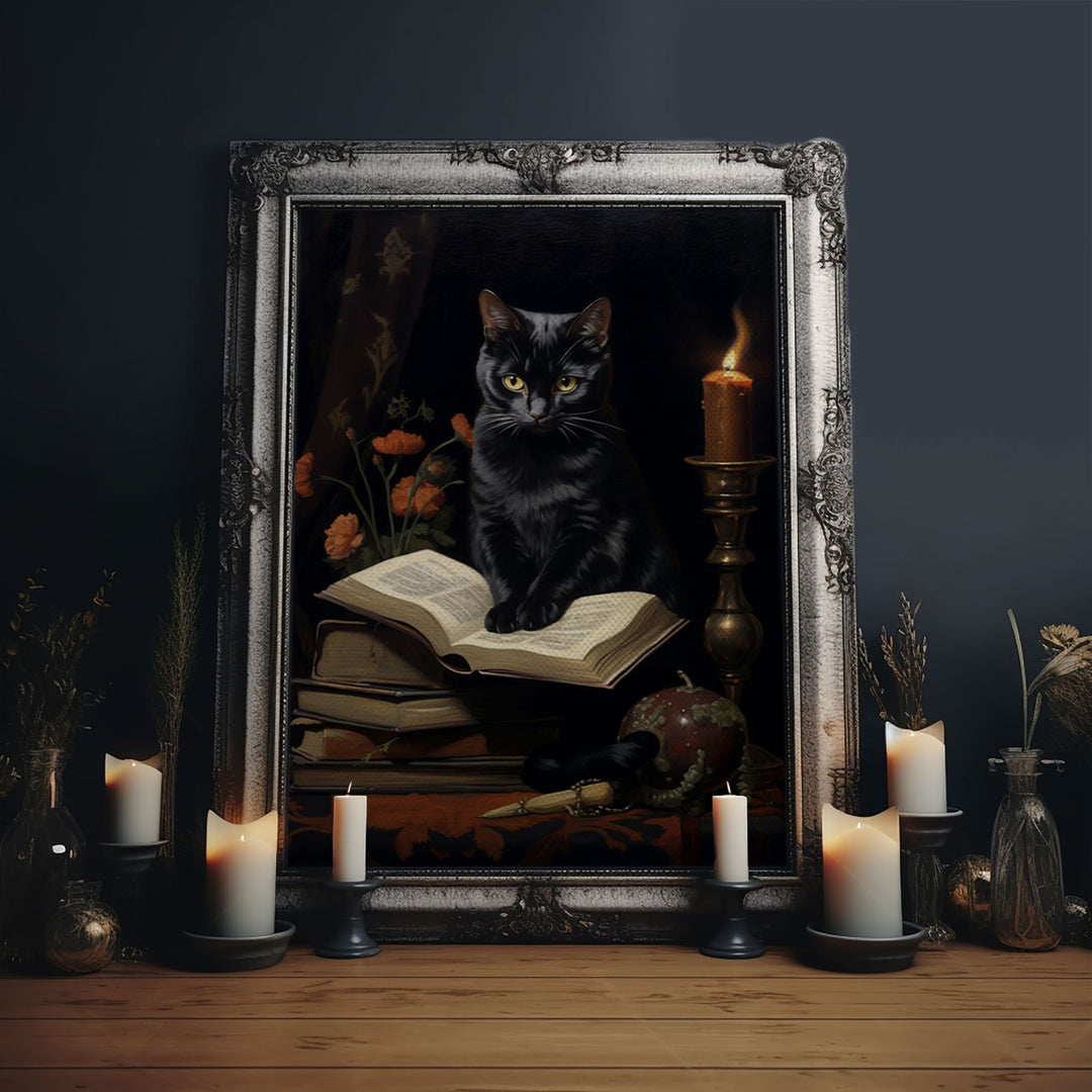 Spooky Black Cat Witch Familiar Print, Vintage Canvas, Art Canvas Print, Dark Academia, Gothic Victorian, Black Cat Art, Witchy Decor