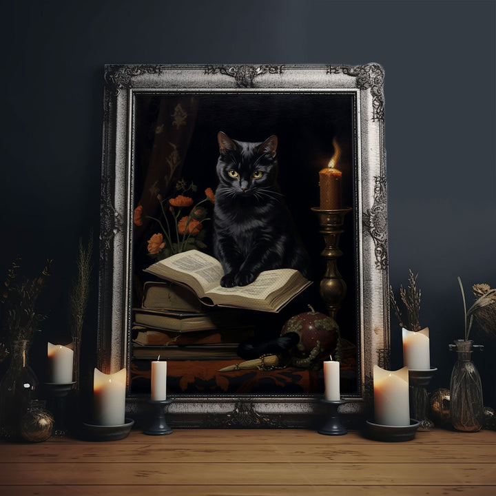 Spooky Black Cat Witch Familiar Print, Vintage Canvas, Art Canvas Print, Dark Academia, Gothic Victorian, Black Cat Art, Witchy Decor