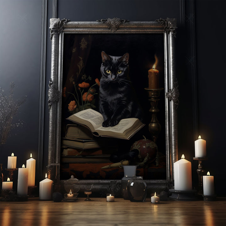 Spooky Black Cat Witch Familiar Print, Vintage Canvas, Art Canvas Print, Dark Academia, Gothic Victorian, Black Cat Art, Witchy Decor