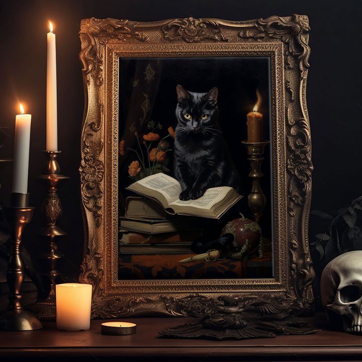 Spooky Black Cat Witch Familiar Print, Vintage Canvas, Art Canvas Print, Dark Academia, Gothic Victorian, Black Cat Art, Witchy Decor