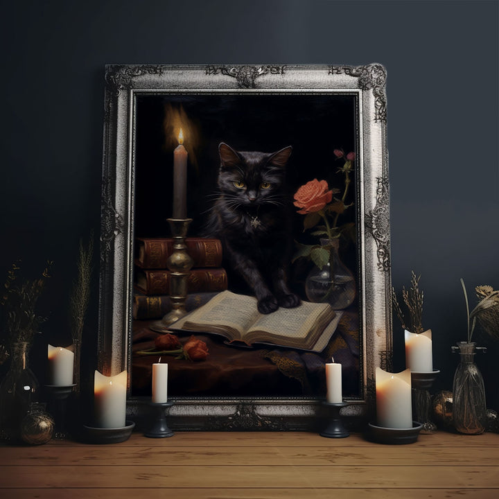 Spooky Black Cat Witch Familiar Print, Vintage Canvas, Art Canvas Print, Dark Academia, Gothic Victorian, Black Cat Art, Witchy Decor