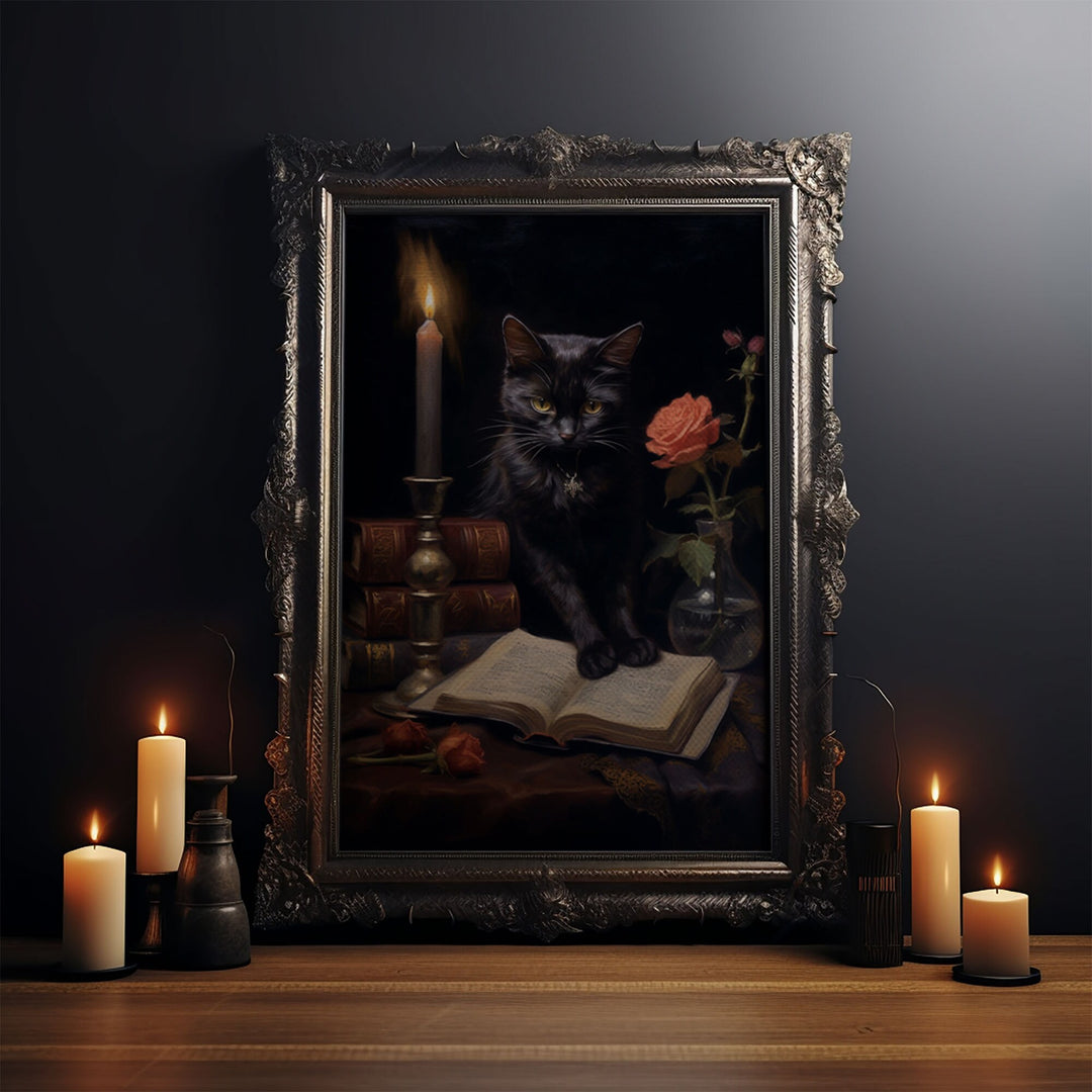Spooky Black Cat Witch Familiar Print, Vintage Canvas, Art Canvas Print, Dark Academia, Gothic Victorian, Black Cat Art, Witchy Decor