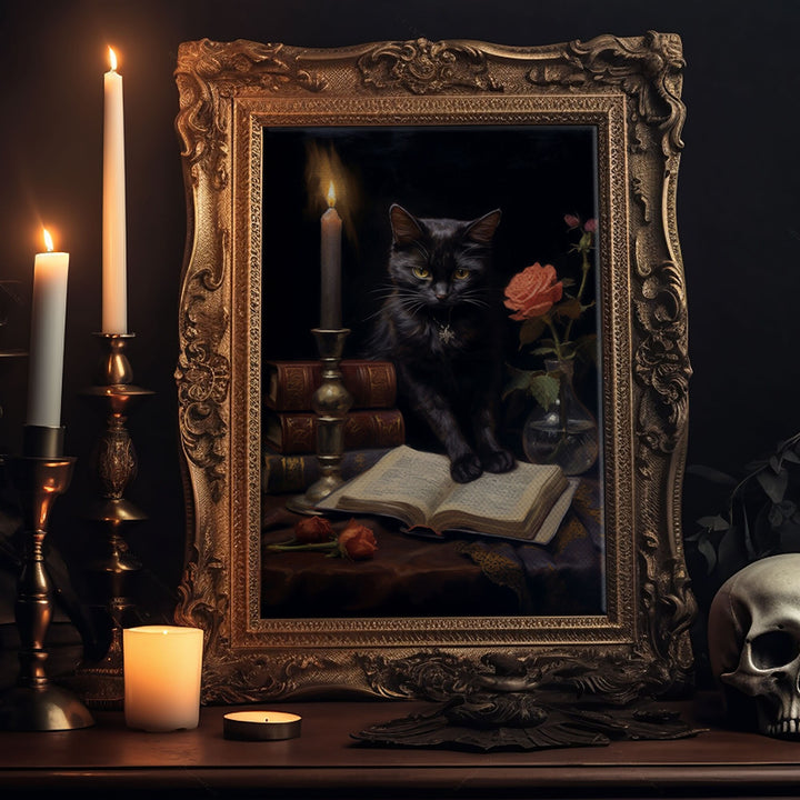 Spooky Black Cat Witch Familiar Print, Vintage Canvas, Art Canvas Print, Dark Academia, Gothic Victorian, Black Cat Art, Witchy Decor