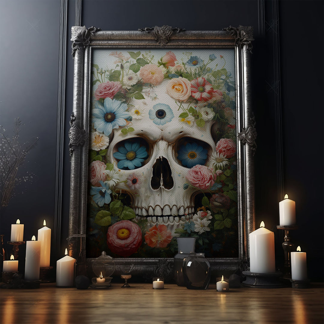 Floral Sugar Skull Print, Framed Canvas Print, Macabre Halloween Art, Vintage Halloween Decor, White Skill Painting