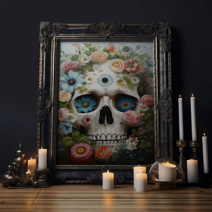 Floral Sugar Skull Print, Framed Canvas Print, Macabre Halloween Art, Vintage Halloween Decor, White Skill Painting