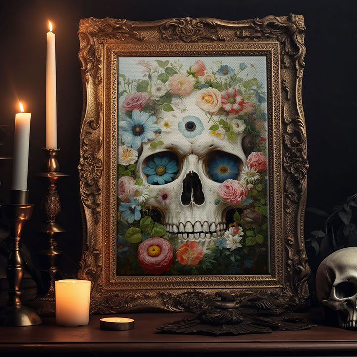 Floral Sugar Skull Print, Framed Canvas Print, Macabre Halloween Art, Vintage Halloween Decor, White Skill Painting